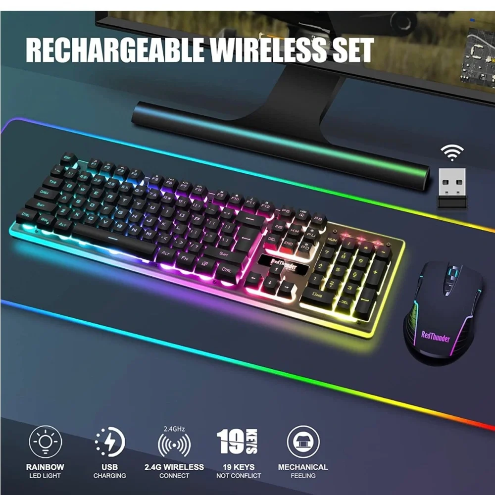 Redthunder K10 gaming wireless blacklit keyboard and mouse Black